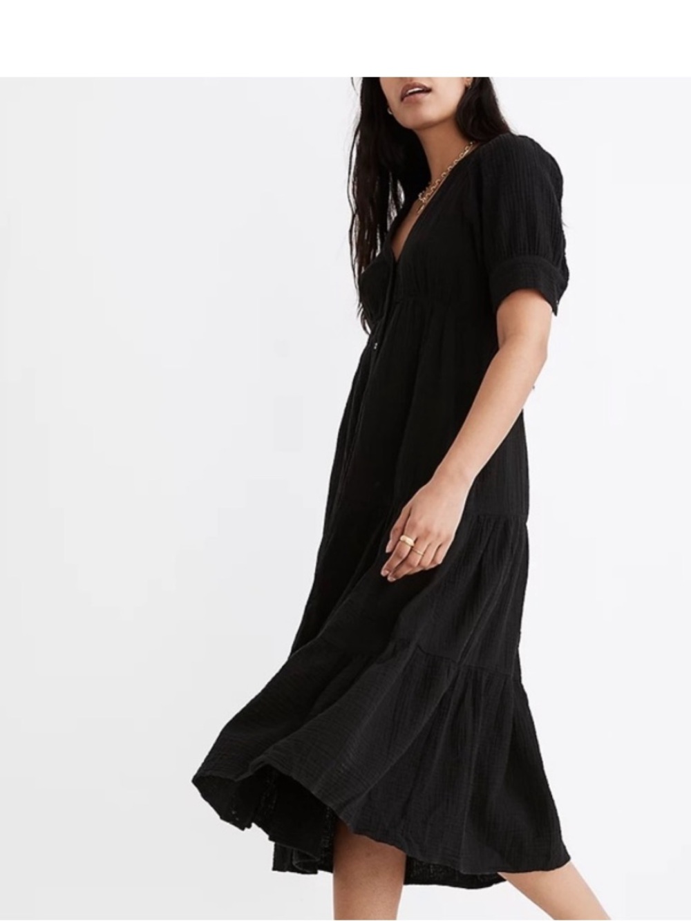 Madewell Lightspun Button-Front Tiered Midi Dress Black Button-Front size 16 - Picture 7 of 9